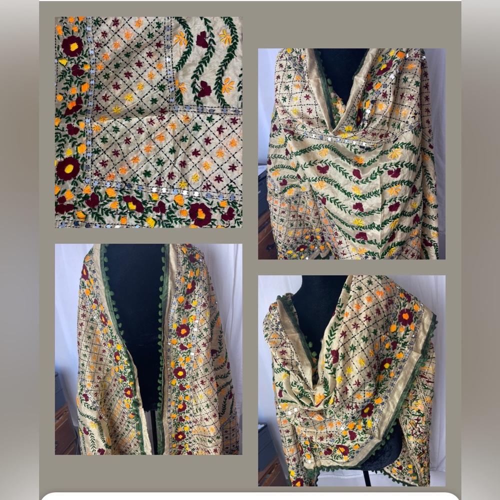 Shawl Green Pom Pom Long Raw Silk Handmade Phulkari dupatta mirror and thread